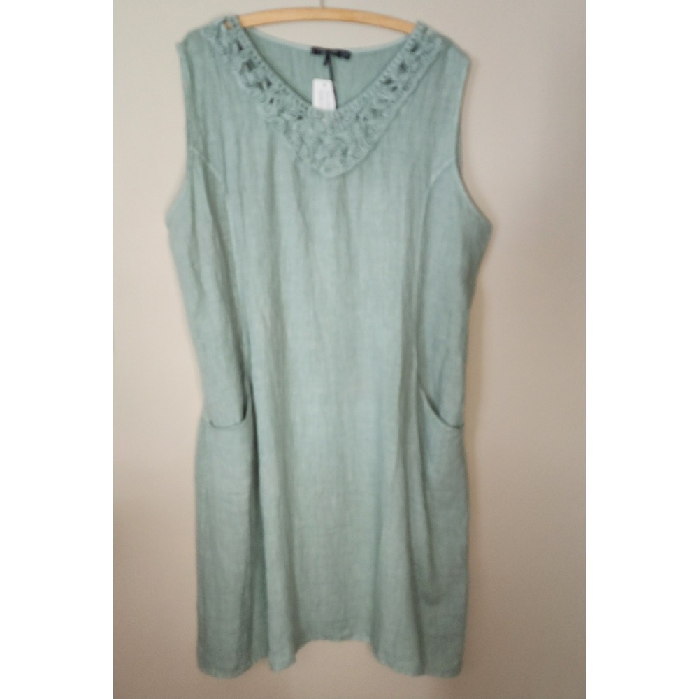 Lungo L'Arno Linen Dress Womens 3X Sage New Rosette Lagenlook Italy ART.28011